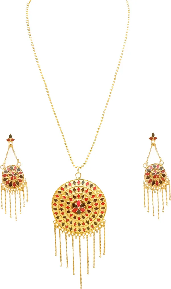 Assamese_Traditional_Gold_Plated_Red_Black_Colour_Japi_Chain_Jewellery_Set_For_Women
